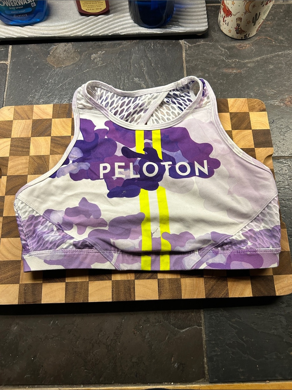 Peloton Purple Camo High-Neck Sports Bra with Neon Yellow Stripe